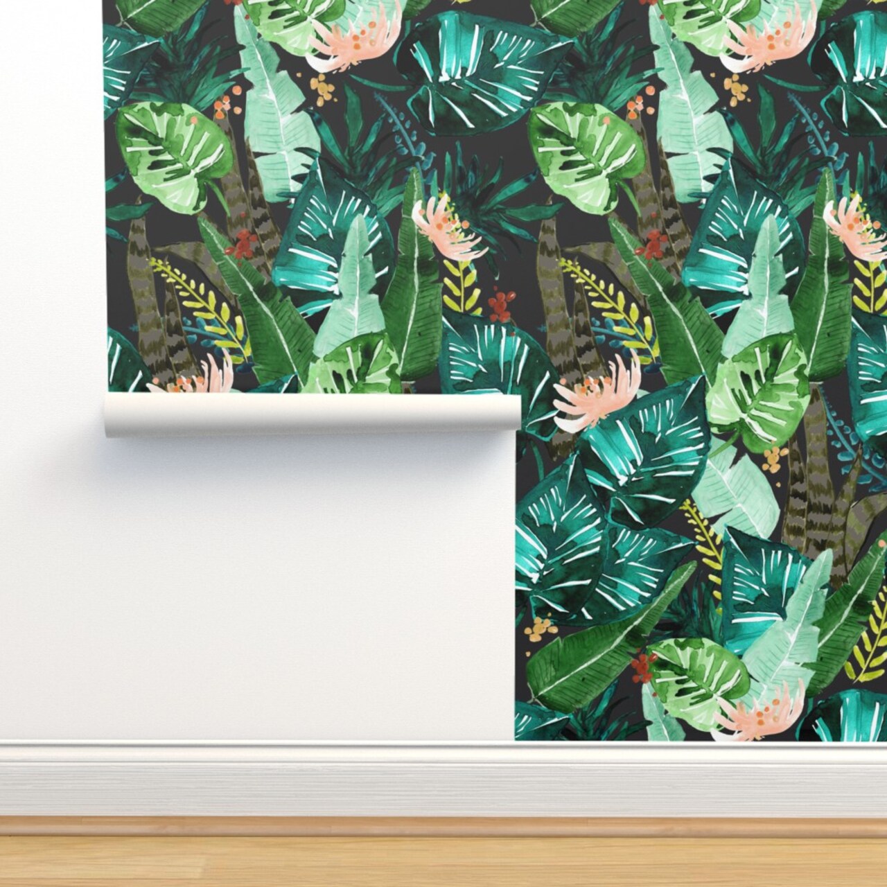 Tropical Dark Leaves Banana Leaf Jungle Palm Green Custom Removable Wallpaper by Spoonflower Peel & Stick Wallpaper 2FT Wide